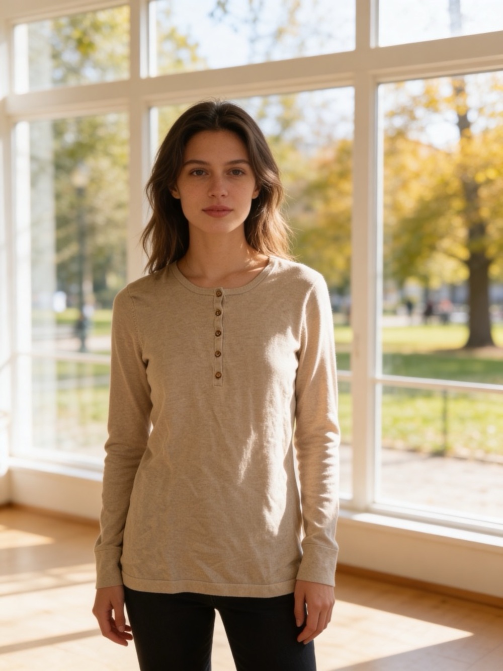 Minnie Rose Sandstone Henley Long Sleeve Top